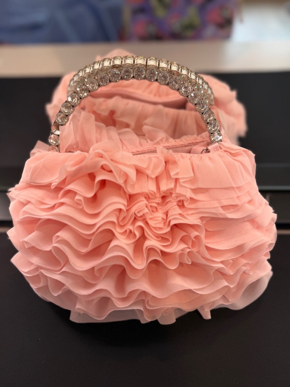 Sincerely Jules Light Pink Ruffled Clutch Handbag Purse w/ Rhinestones